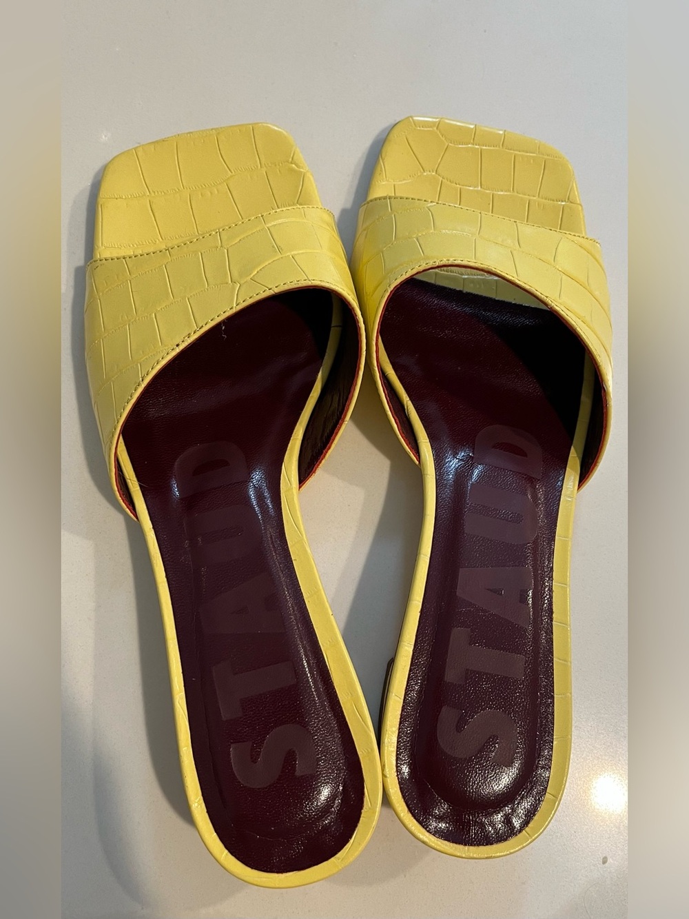 STAUD Simone Yellow Faux Croc Mule Slide Leather Sandal Size 35 .